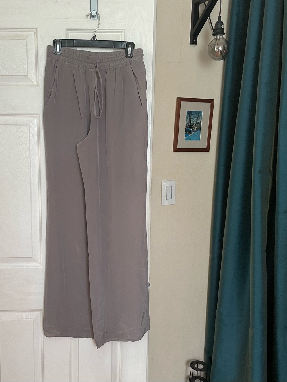 ZARA Gray 100% SILK ELASTIC WAISTBAND FLOWY PANTS SZ M